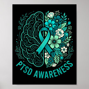 Mental health ptsd awareness brain and floral teal poster