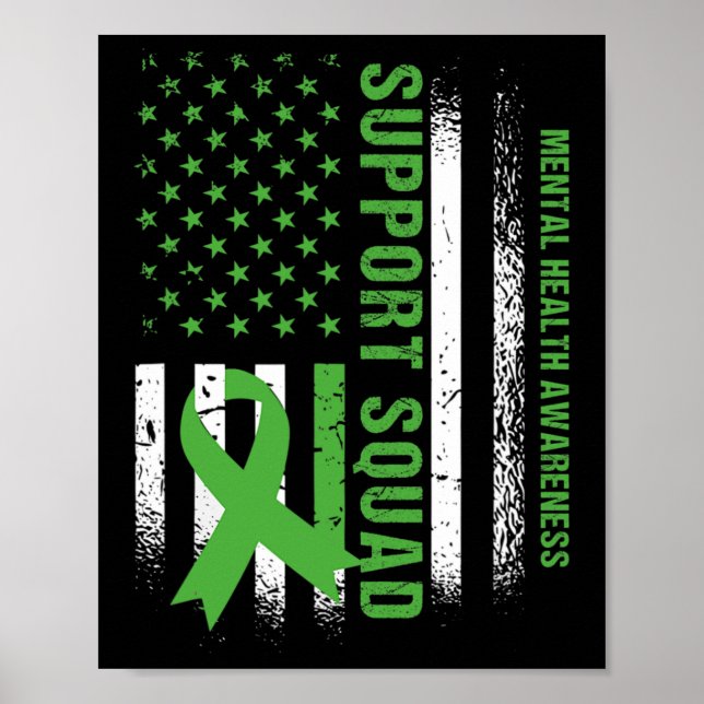Mental Health Squad Awareness Us Flag Green Ribbon Poster (Front)