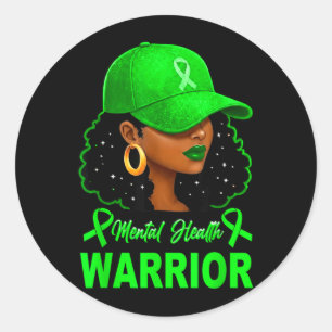 Mental Health Warrior Afro Black Girl Green Classic Round Sticker