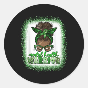 Mental Health Warrior Afro Messy Bun Leopard Black Classic Round Sticker