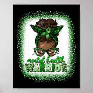 Mental Health Warrior Afro Messy Bun Leopard Black Poster