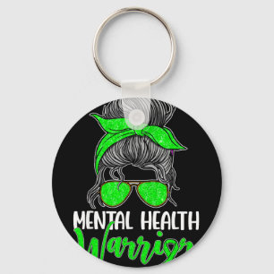 Mental health warrior women messy bun green ribbon key ring