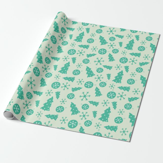 Menthol Green Christmas Tree and Ornaments Festive Wrapping Paper (Unrolled)