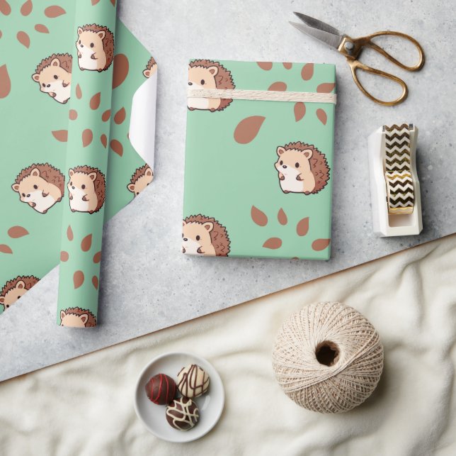 Menthol Green Seamless Hedgehogs Wrapping Paper  (Crafts)
