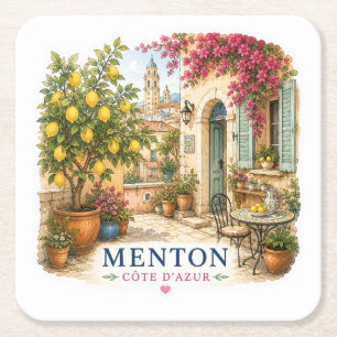 Menton Côte d'Azur Patio Watercolor Souvenir coast Square Paper Coaster