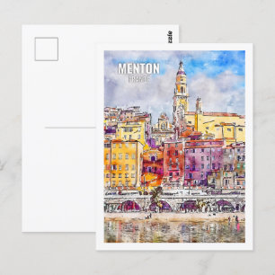 Menton France Famous Travel Place Watercolor Postcard