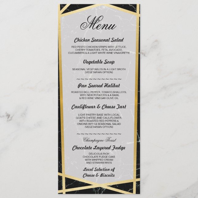 Menu Black Marble Gold Wedding Reception Cards (Front)