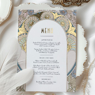 Menu Card Dusty Blue Gold Art Nouveau Mucha