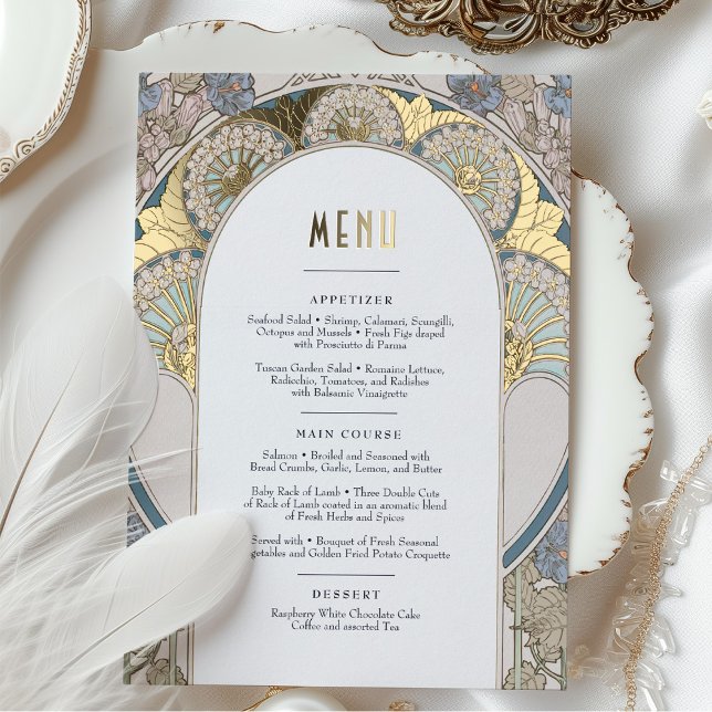 Menu Card Dusty Blue Gold Art Nouveau Mucha (Creator Uploaded)