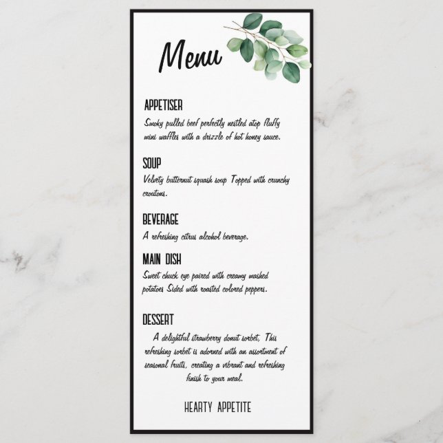 Menu card elegant, classy eucalyptus greenery (Front)