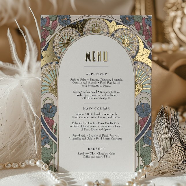 Menu Card Navy Blue Gold Art Nouveau Mucha (Creator Uploaded)