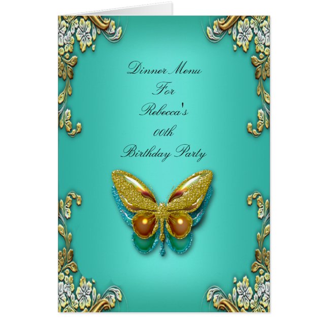 Menu Dinner Card Gold Teal Blue Butterfly (Front)