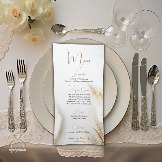 Menu Elegant Bohemian Floral Gold Pampas (Stunning elegant ivory and gold pampas  menu )