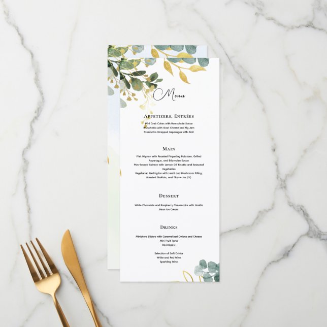 MENU Eucalyptus Leaves Green Gold Elegant (Front/Back In Situ)