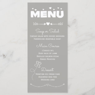 Menu Grey & White Hearts & Butterfly Wedding Party