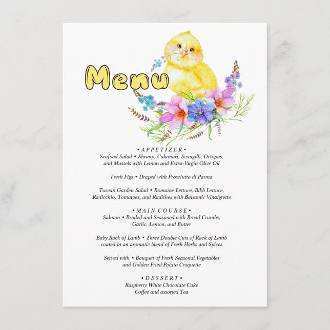 Menu Little Chick Baby Shower (Front)