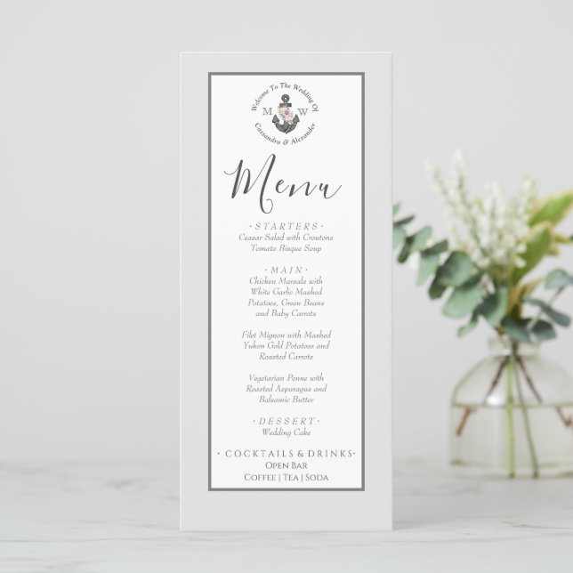Menu Nautical-Themed Floral Anchor Silver Grey (Standing Front)