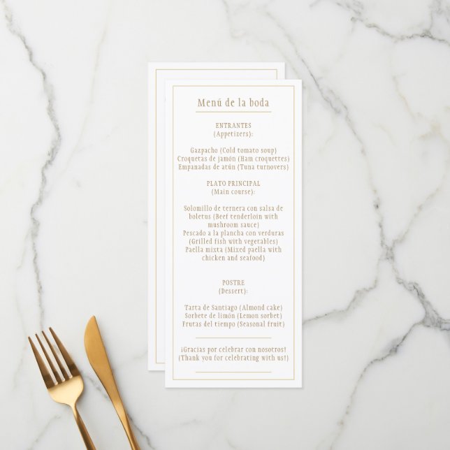 Menú oro Blanco Clásico Bilingüe Español e Inglés Menu (Front/Back In Situ)