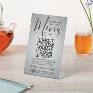 Menu   Price List QR Code Business Brushed Silver Pedestal Sign