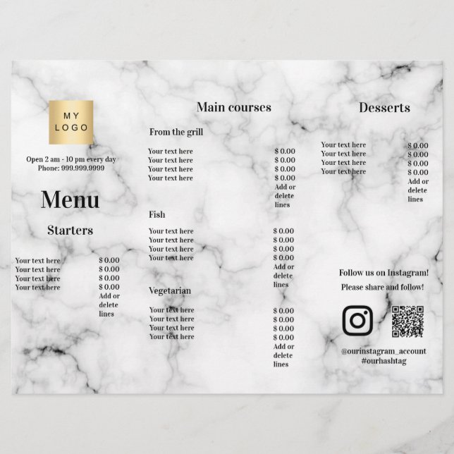Menu price list restaurant bar cafe marble (Front)