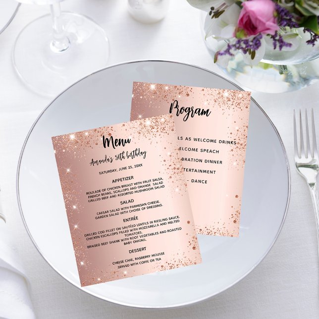 Menu program rose gold glitter birthday party (Creator Uploaded)