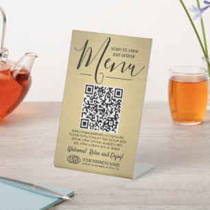 Menu QR Code Generator & Logo Brushed Gold Colour Pedestal Sign