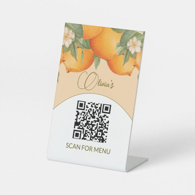 Menu Services QR Code  Orange Floral Citrus  Pedestal Sign (Front)