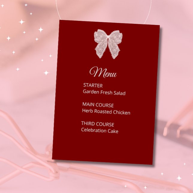 Menu Wedding Elegant Burgundy Lace Bow Card (Creator Uploaded)