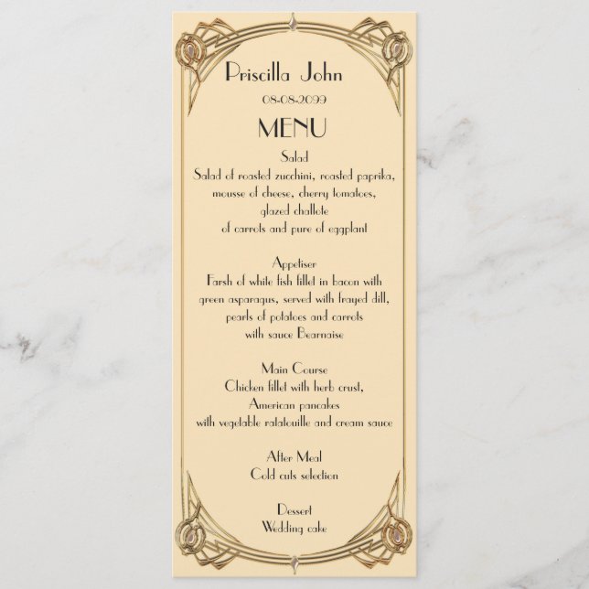 Menu Wedding,menu meeting,great Gatsby,ivory,gold (Front)