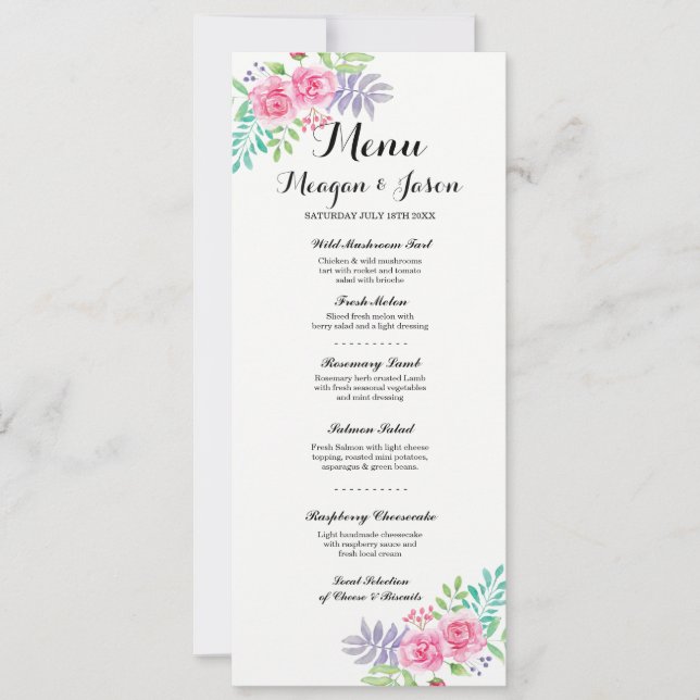 Menu Wedding Reception Elegant Floral Rose Cards (Front)