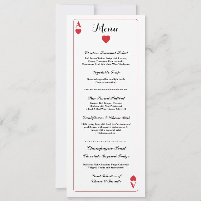 Menu Wedding Reception Playing Cards Ace of Hearts (Front)
