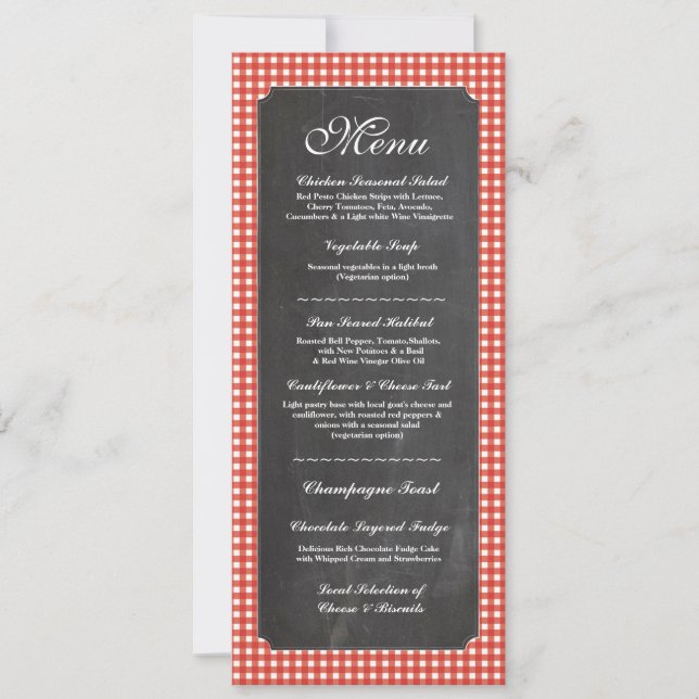 Menu Wedding Reception Rustic Chalk Red Check Invitation (Front)
