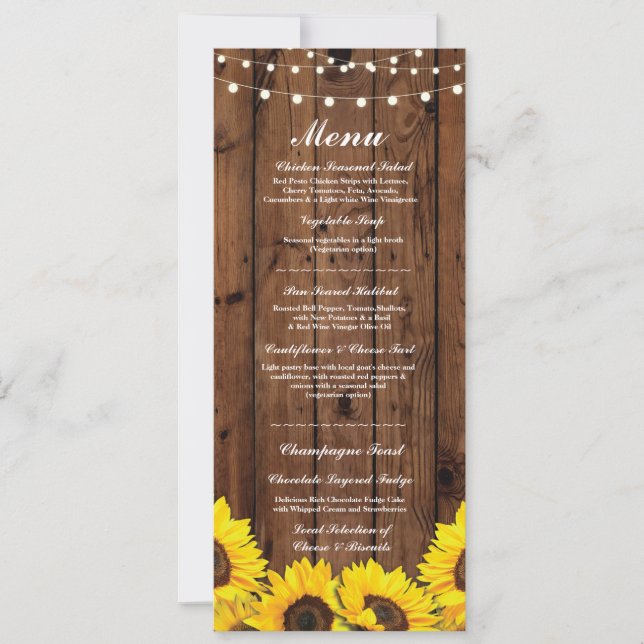 Menu Wedding Reception Rustic Wood Sunflowers Invitation (Front)
