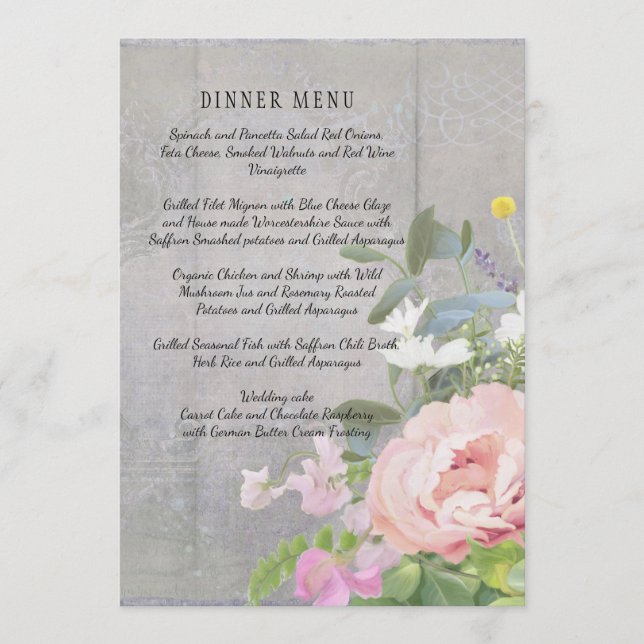 Menu Wedding Rustic Elegant Floral Pink Peonies (Front)