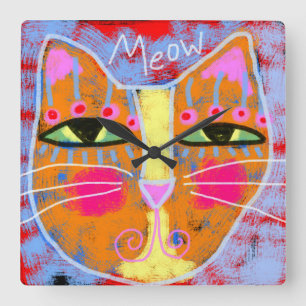 Meow Abstract Cat Art Square Wall Clock