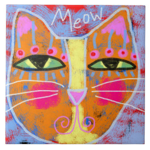 Meow Abstract Digital Cat Painting Ceramic Tile