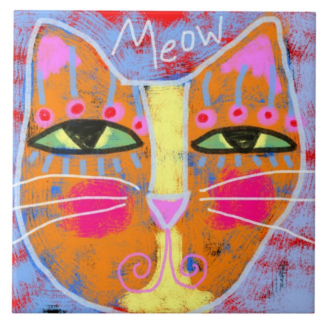 Meow Abstract Digital Cat Painting Ceramic Tile (Front)