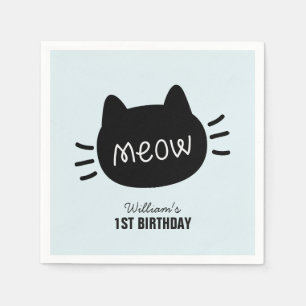 Meow Black Cat Face Blue Boy Birthday Napkin