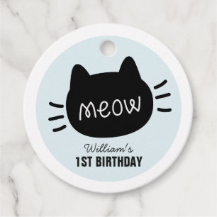 Meow Black Cat Face Blue Boy Birthday Thank You Favour Tags