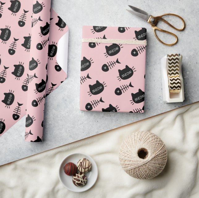 Meow Black Cat Face Fishbone Pattern Pink Wrapping Paper (Crafts)