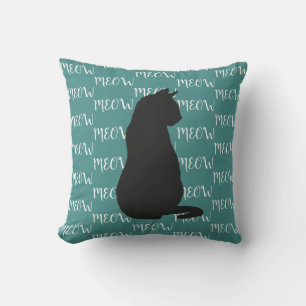 MEOW Black Cat Silhouette Cat Lover Throw Pillow