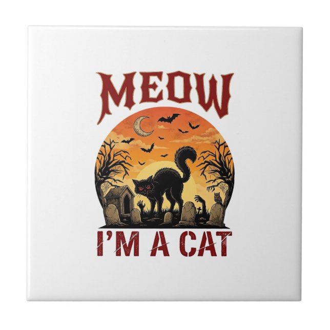 Meow Cat Halloween Black Cemetery_1 Ceramic Tile (Front)