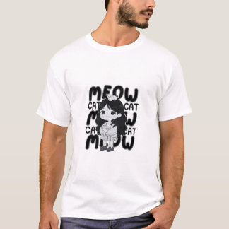 Meow Cat Lover Aesthetic Chibi Girl Illustration T-Shirt
