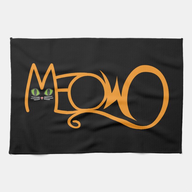 Meow Cat Typography ORANGE Tea Towel (Horizontal)