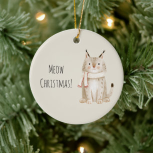 Meow Christmas Cat Gold Bells Ceramic Ornament