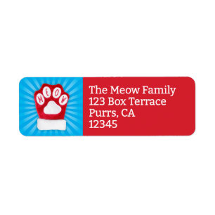 MEOW Christmas Cat Red Paw Mitten Return Address Label