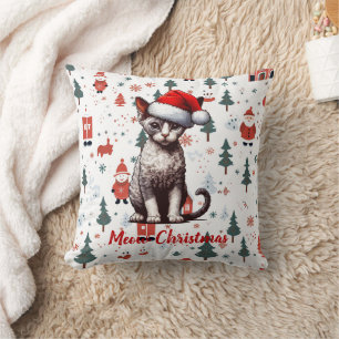 Meow Christmas Devon Rex Cat, Xmas Santa Kitten Cushion