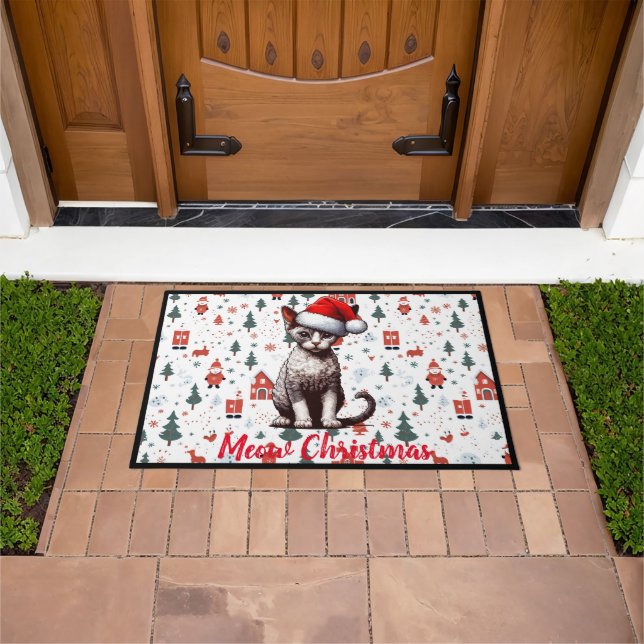 Meow Christmas Devon Rex Cat, Xmas Santa Kitten Doormat (Outdoor)