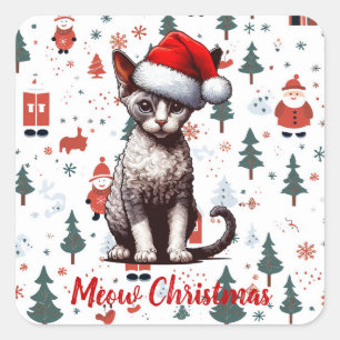 Meow Christmas Devon Rex Cat, Xmas Santa Kitten Square Sticker