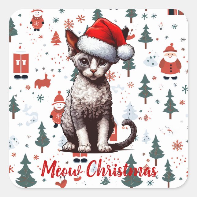 Meow Christmas Devon Rex Cat, Xmas Santa Kitten Square Sticker (Front)